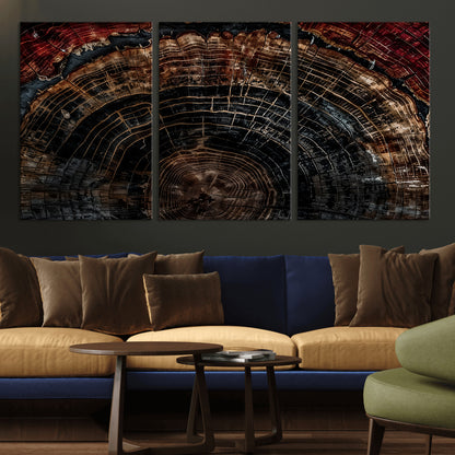Dark Wood Wall Art Print - Petrified Tree Canvas Print, featuring an intricate tree ring pattern with deep earthy tones and organic textures, perfect for rustic and nature-inspired decor.