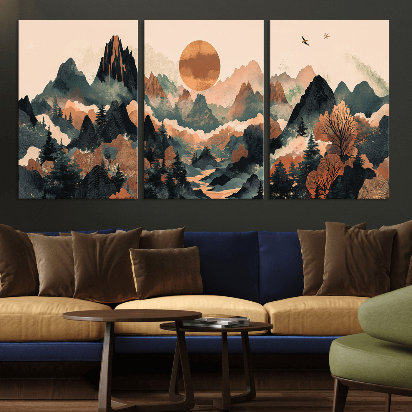 Mountain Landscape Wall Art Print - Sunset Hills Canvas Print, featuring an abstract nature scene with earthy tones and misty peaks, perfect for boho and modern decor.