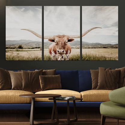 Longhorn Wall Art Print - Western Cow Canvas Print, featuring a majestic Texas longhorn in a rustic prairie setting, perfect for farmhouse and western decor.