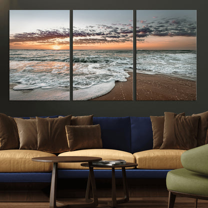 Ocean Sunset Wall Art Print - Beach Waves Canvas Print, featuring a serene seascape with golden sunlight reflecting on gentle waves, perfect for coastal and minimalist decor.