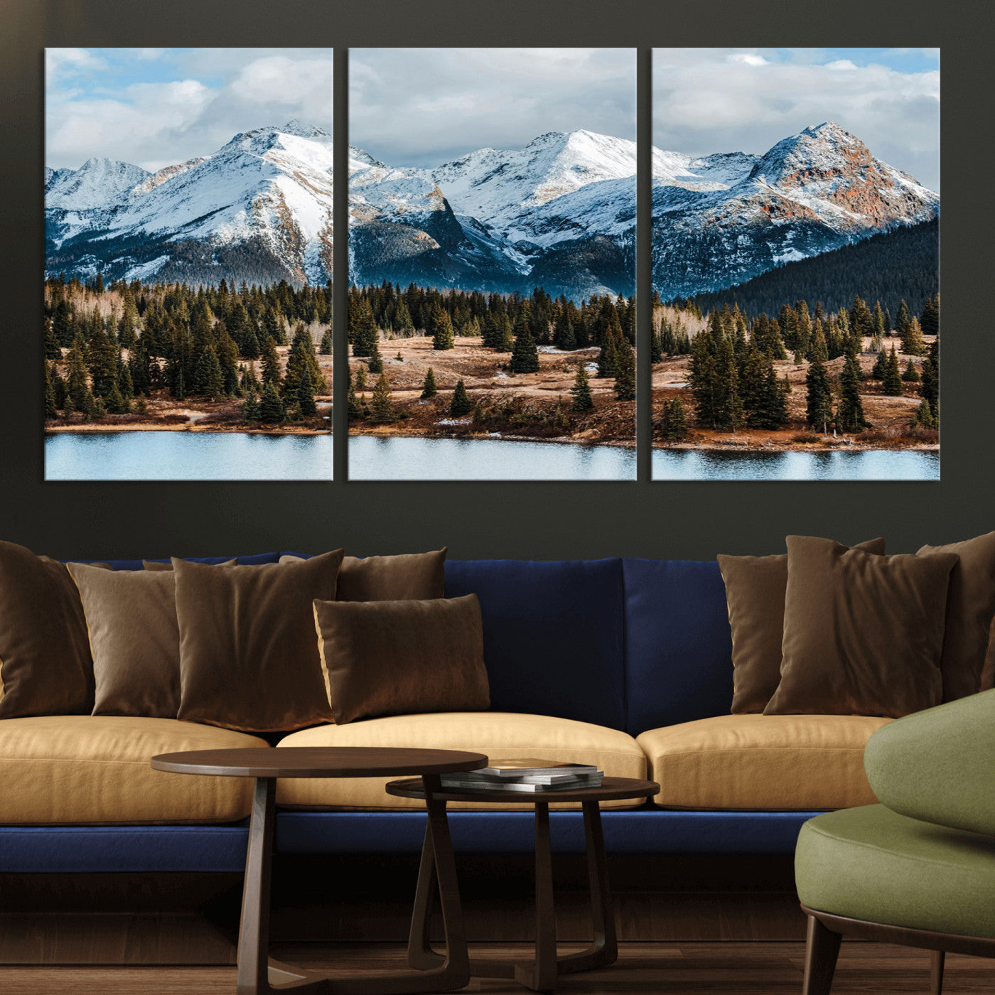 Framed canvas of snowy mountain peaks with pine forest and alpine lake, perfect for winter cabin or wilderness-inspired home decor.