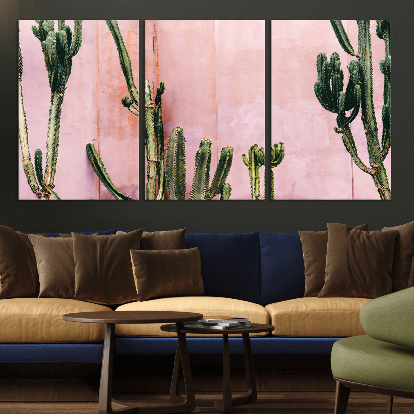 Framed canvas of tall green cacti against a soft pink wall, ideal for modern desert or colorful southwest-inspired home decor.