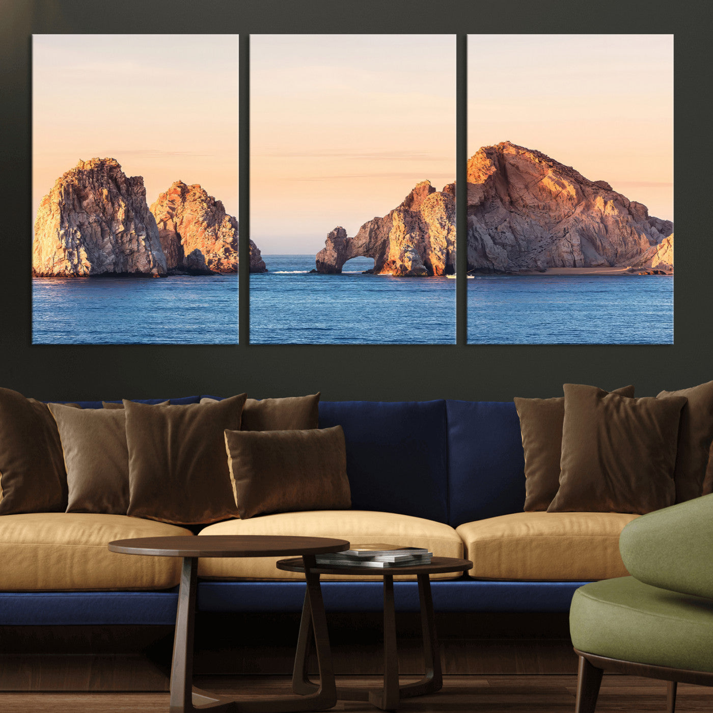 Framed canvas of El Arco rock formation in Cabo San Lucas at golden hour, ideal for coastal landmark or ocean-inspired decor.