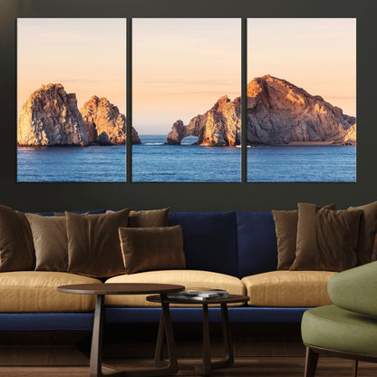 Framed canvas of El Arco rock formation in Cabo San Lucas at golden hour, ideal for coastal landmark or ocean-inspired decor.