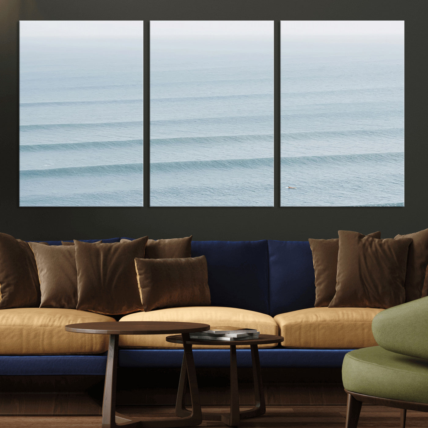 Framed canvas of repeating ocean waves with a distant solo surfer, ideal for minimalist ocean or calm coastal wall decor.