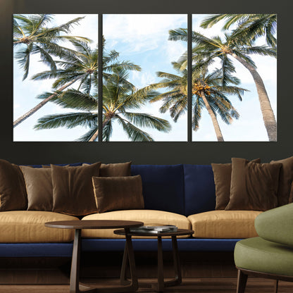 Framed canvas of tall palm trees reaching into a tropical sky, ideal for beach home or relaxed island-inspired wall decor.