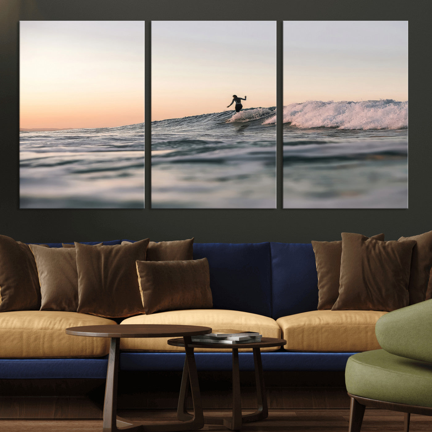 Framed canvas of a female surfer balancing on a wave at sunset, perfect for serene surf or ocean-inspired coastal decor.