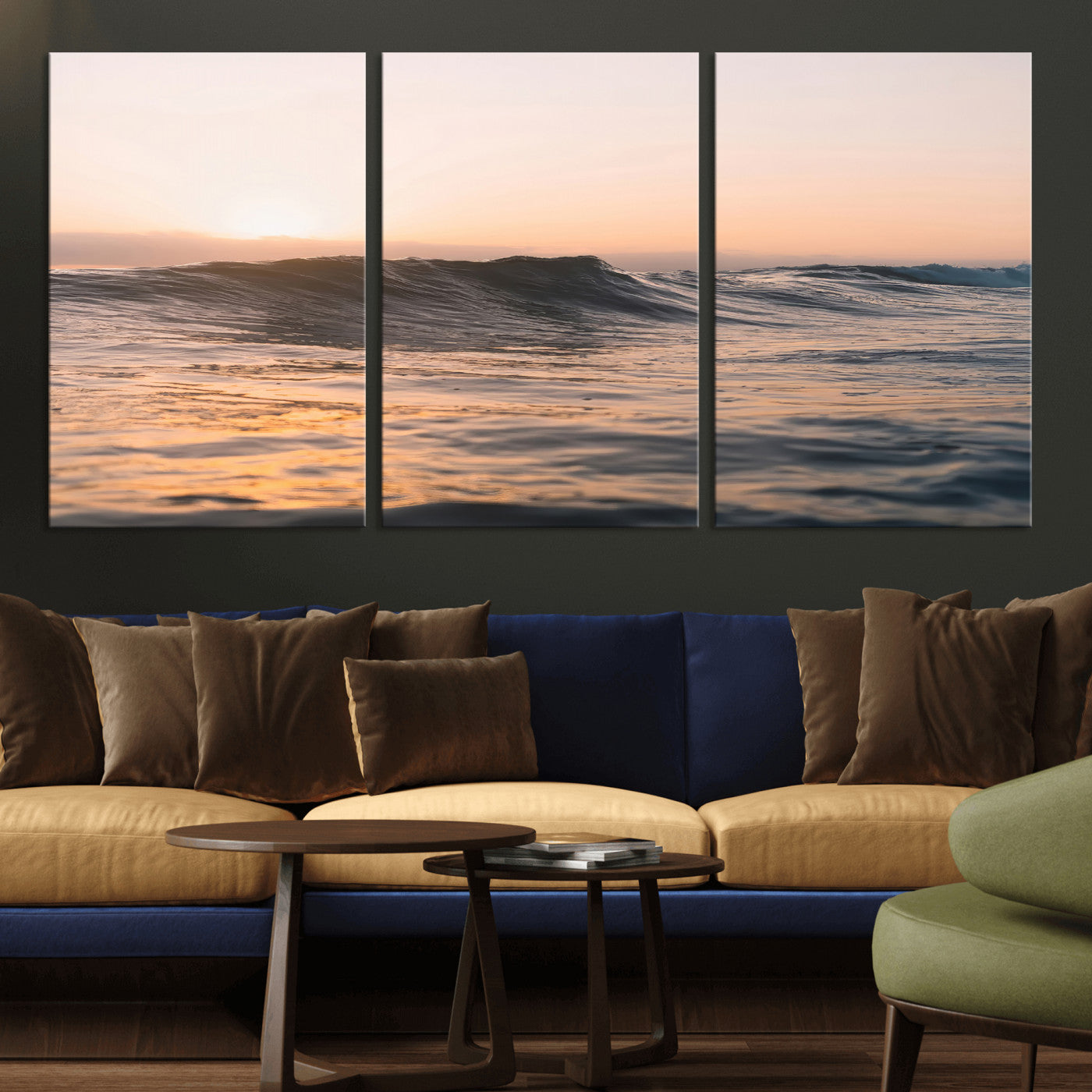 Framed canvas of ocean waves glowing in sunset light, ideal for golden hour calm or peaceful coastal-inspired wall decor.