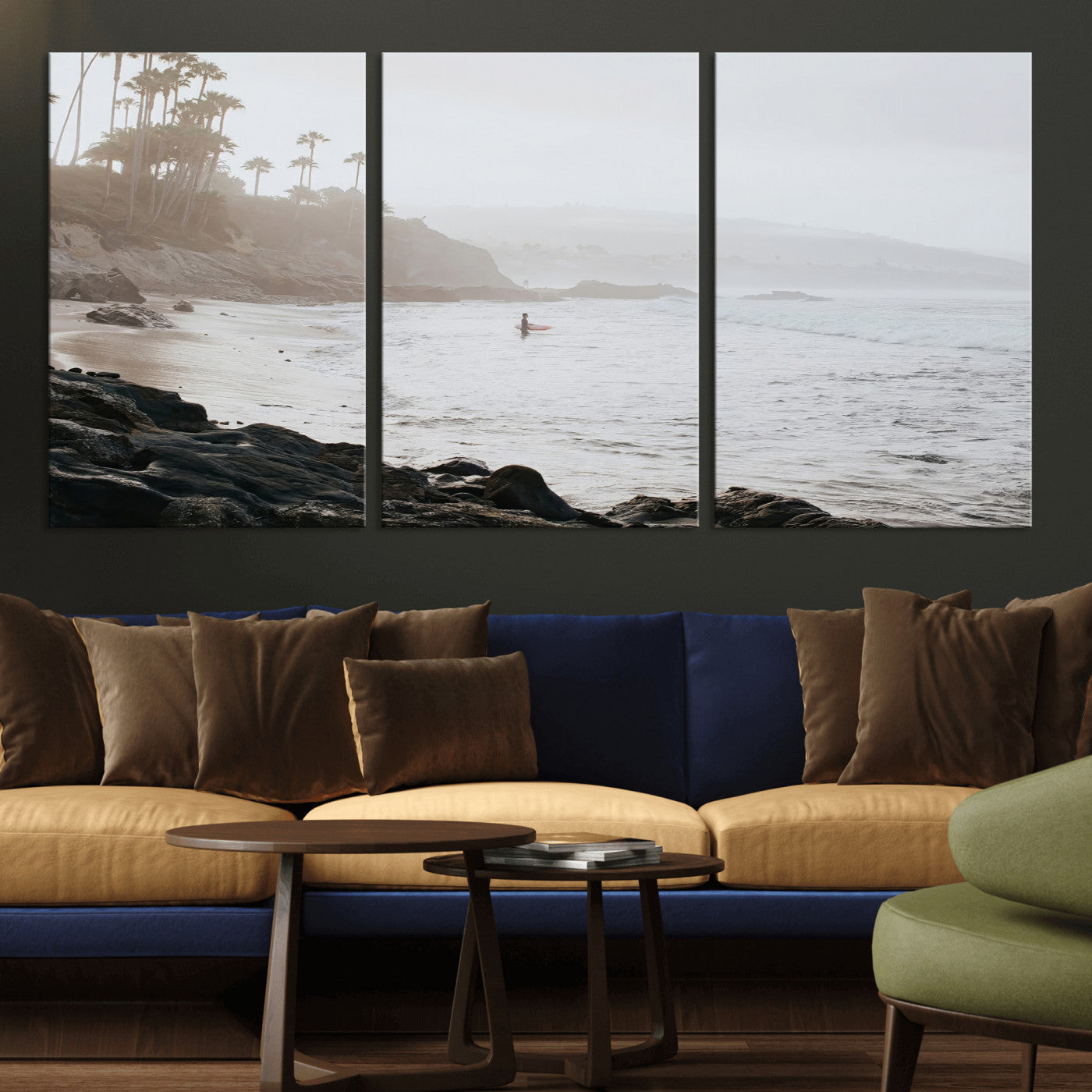 Framed canvas of a surfer in misty coastal tones at a foggy California beach, ideal for minimalist coastal beach or serene ocean-themed decor.