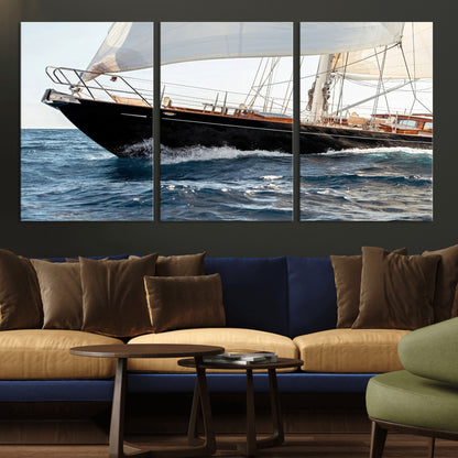Close-up of a classic sailing yacht with wooden deck and full sails, perfect for nautical or coastal-style decor in ocean-themed spaces.