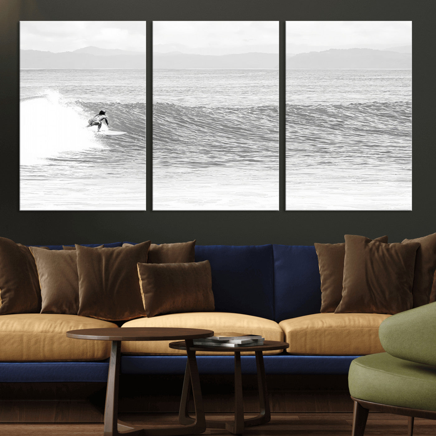 Monochrome photo of a surfer riding a wave with distant mountains, ideal for coastal motion or black and white surf-themed wall decor.