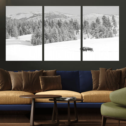 Snowy bison walking through white forest landscape, ideal for monochrome winter or wilderness-style interior wall decoration.