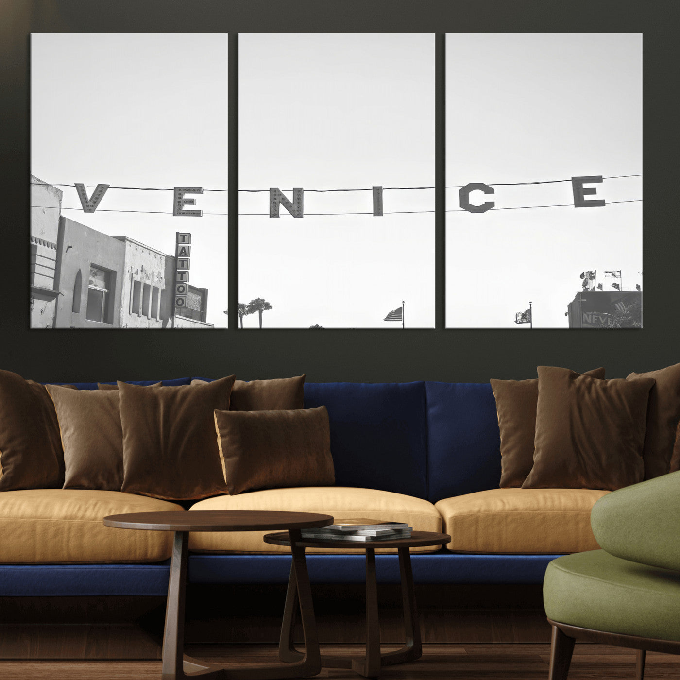 Black and white photo of Venice Beach sign and palm-lined street, perfect for urban coastal or minimalist LA-inspired wall decoration.