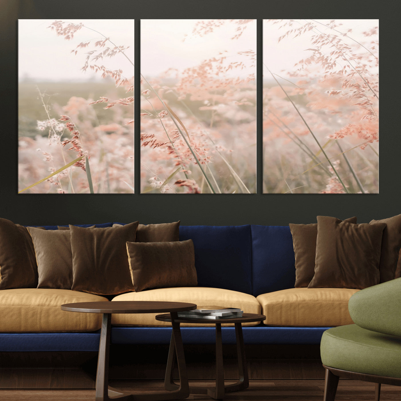 Soft pastel field with wild grasses in warm light, ideal for minimal nature or airy countryside-inspired interior wall decoration.