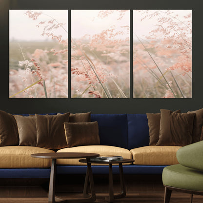 Soft pastel field with wild grasses in warm light, ideal for minimal nature or airy countryside-inspired interior wall decoration.