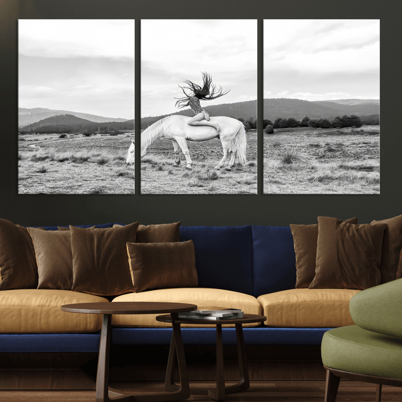 Black and white photo of a woman on a white horse in moody tones, ideal for Western Boho or modern rustic-style home decor.