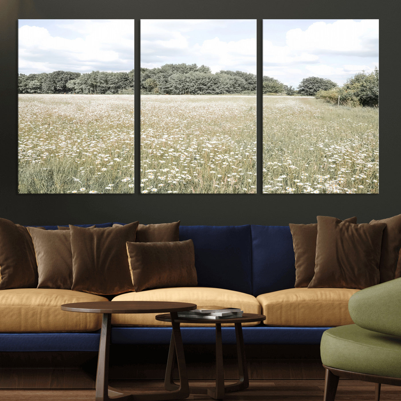 Soft-toned image of a wild daisy field under a cloudy sky, ideal for neutral or Scandinavian-inspired home decor.