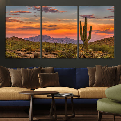 Vibrant desert sunset with saguaro cacti and distant mountains, perfect for Southwestern or warm-toned home decor.