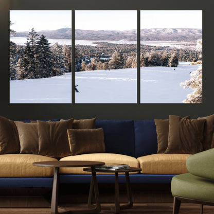Canvas of a snowy mountain ski slope with pine trees and bright winter light, ideal for modern rustic or alpine-inspired home decor.