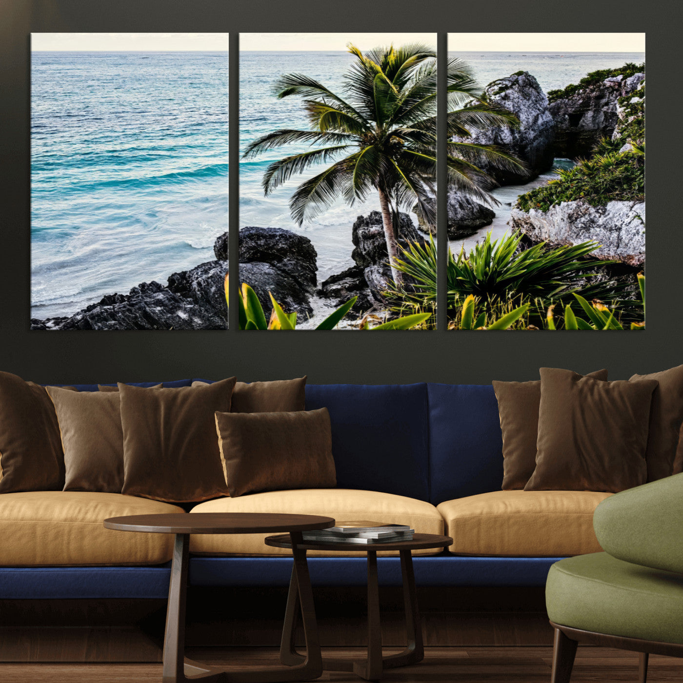 Framed canvas of a vibrant tropical coastline with palm trees, rocky cliffs, and turquoise waters, ideal for tropical coastal home decor.