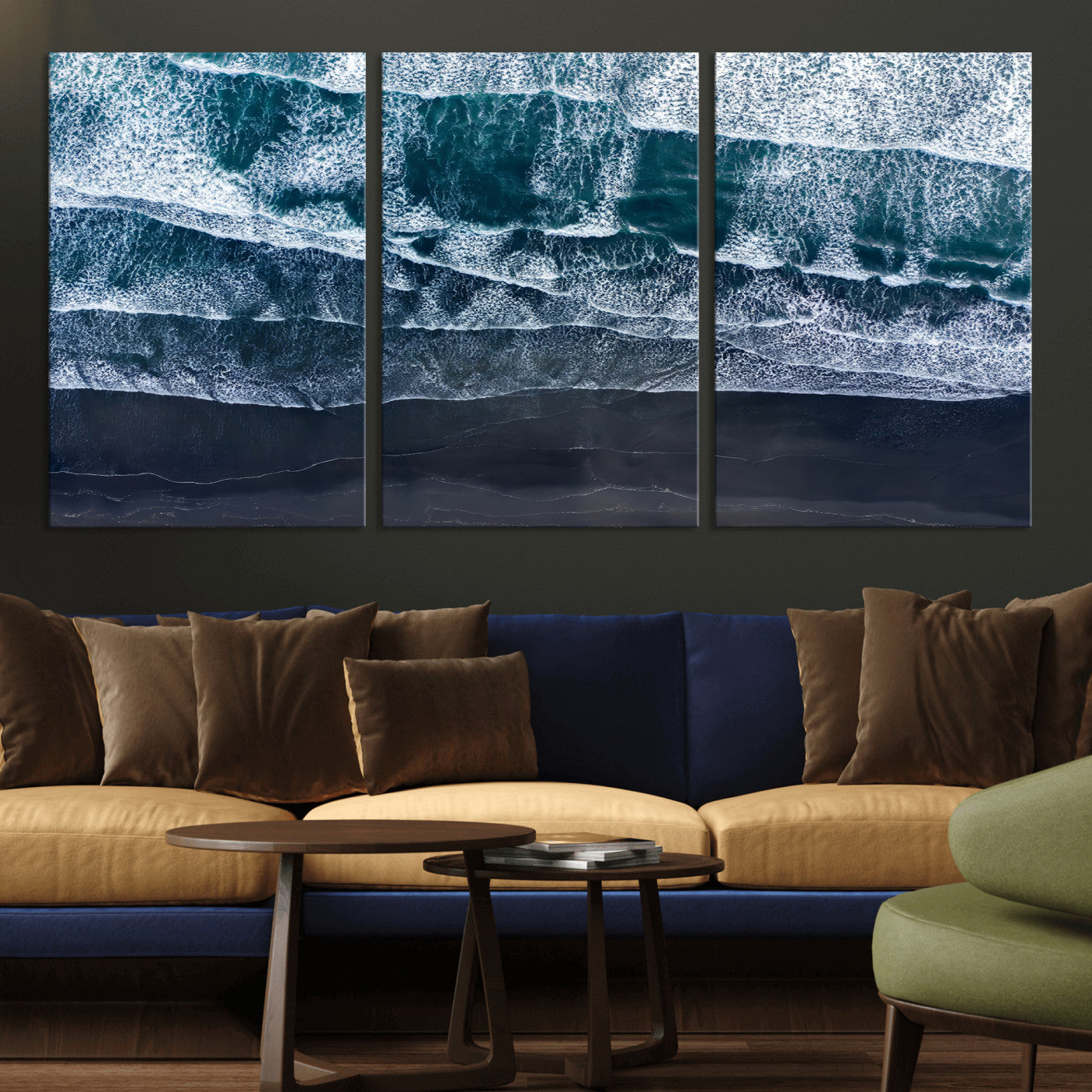 Canvas of aerial ocean waves crashing onto a black sand beach in moody tones, ideal for modern coastal or minimalist home decor.