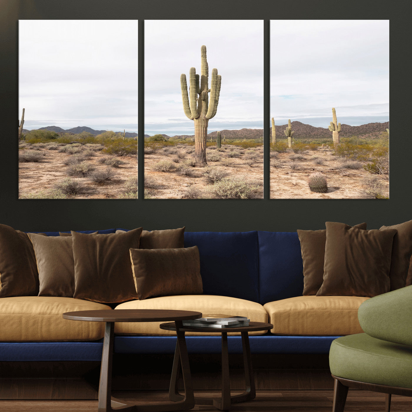 Canvas of a saguaro cactus in an earthy Sonoran desert landscape, ideal for Southwestern Boho or desert minimalism inspired home decor.   2/2