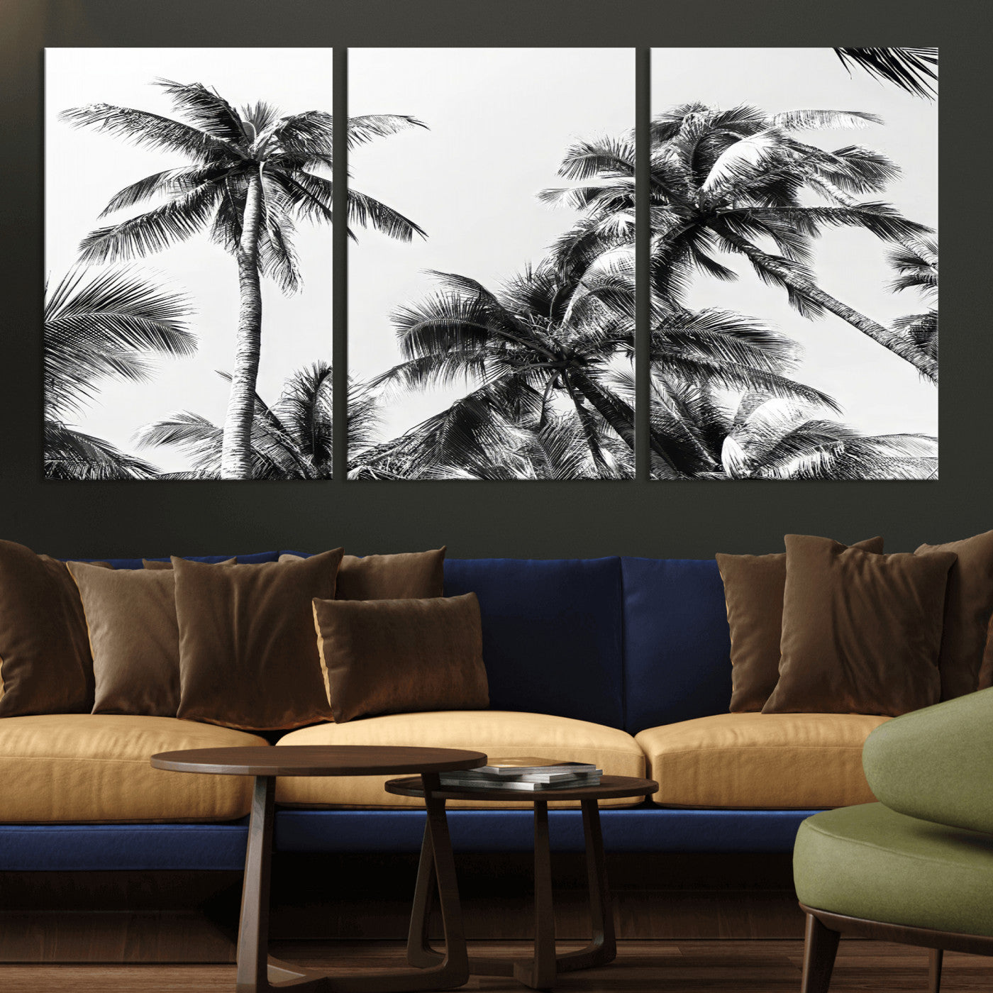 Black and white canvas of tall palm trees in moody tones, perfect for modern tropical minimalist or coastal-style home decor.