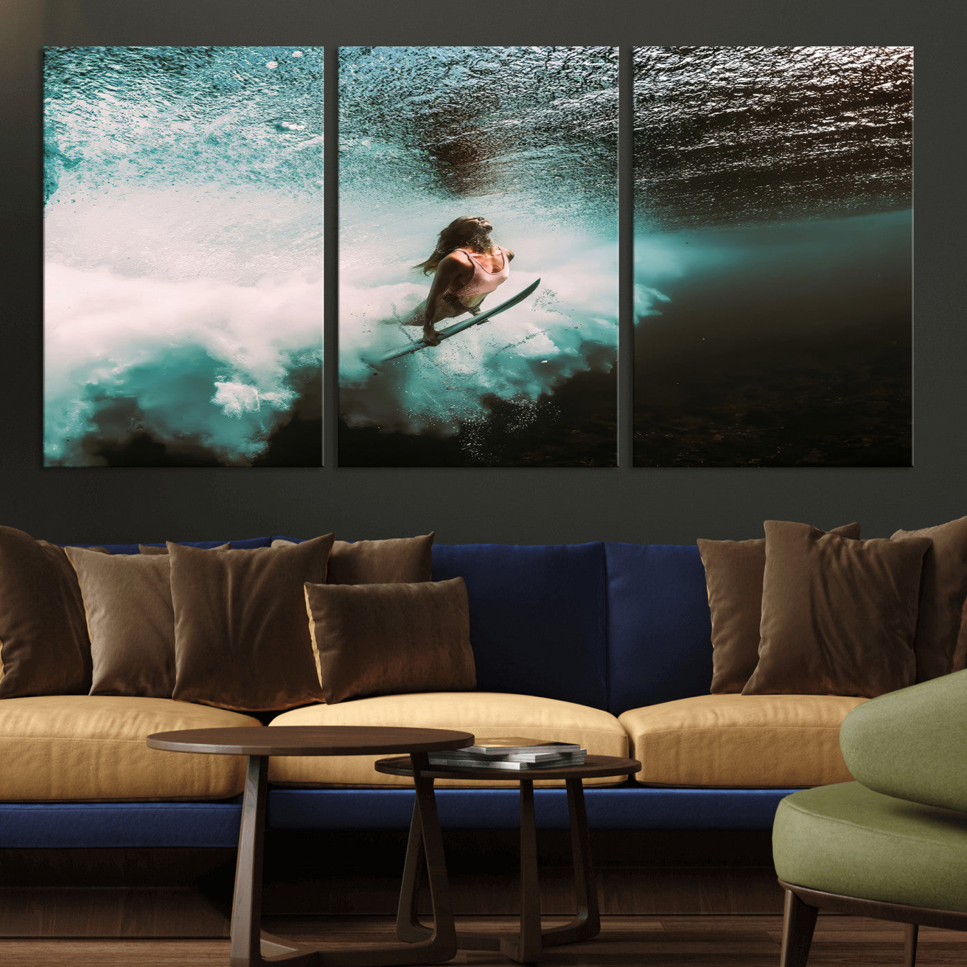 Vibrant underwater photo of a female surfer diving through turquoise waves, perfect for coastal boho or surf-inspired home decor.