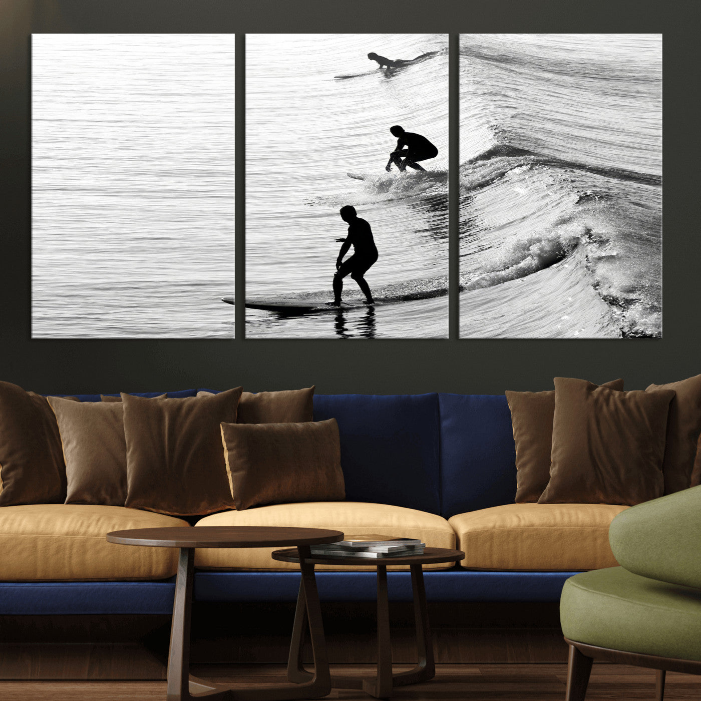 Black and white photo of surfers riding waves in a moody, high-contrast scene, ideal for modern coastal or surf-inspired home decor.