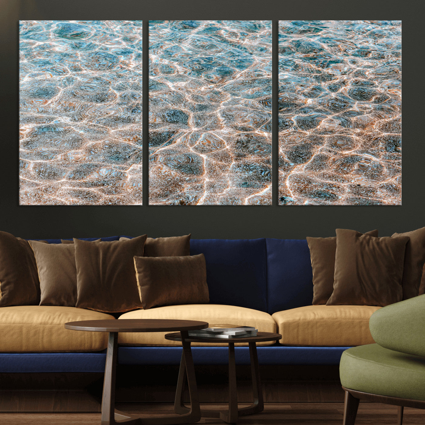 Close-up of sunlit ocean ripples with aqua blue and golden tones, ideal for modern coastal or minimalist home decor.