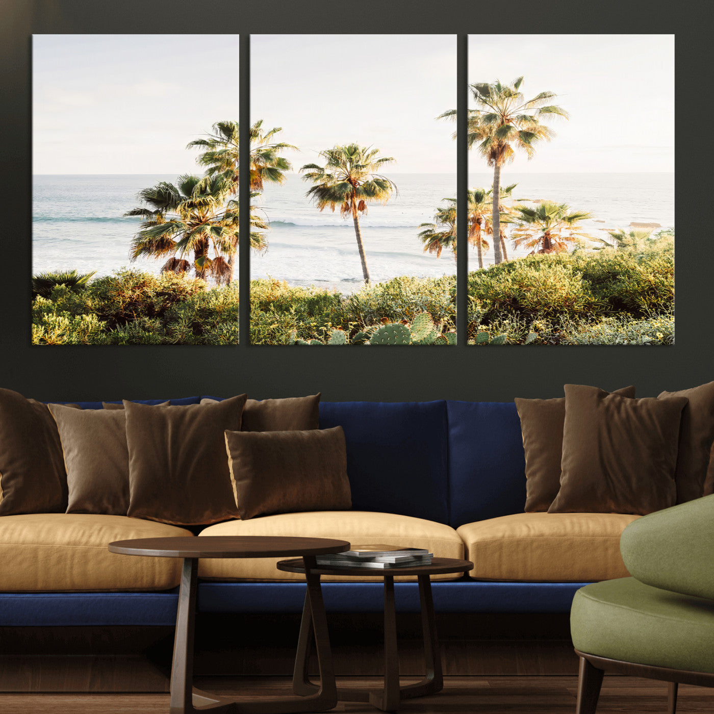Framed print of sunlit palm trees on the California coast with warm tones, perfect for coastal minimalist or beach-style home decor.