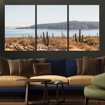 Warm desert landscape with cacti and coastal mountains, perfect for southwestern or earthy calm-themed home wall decor.
