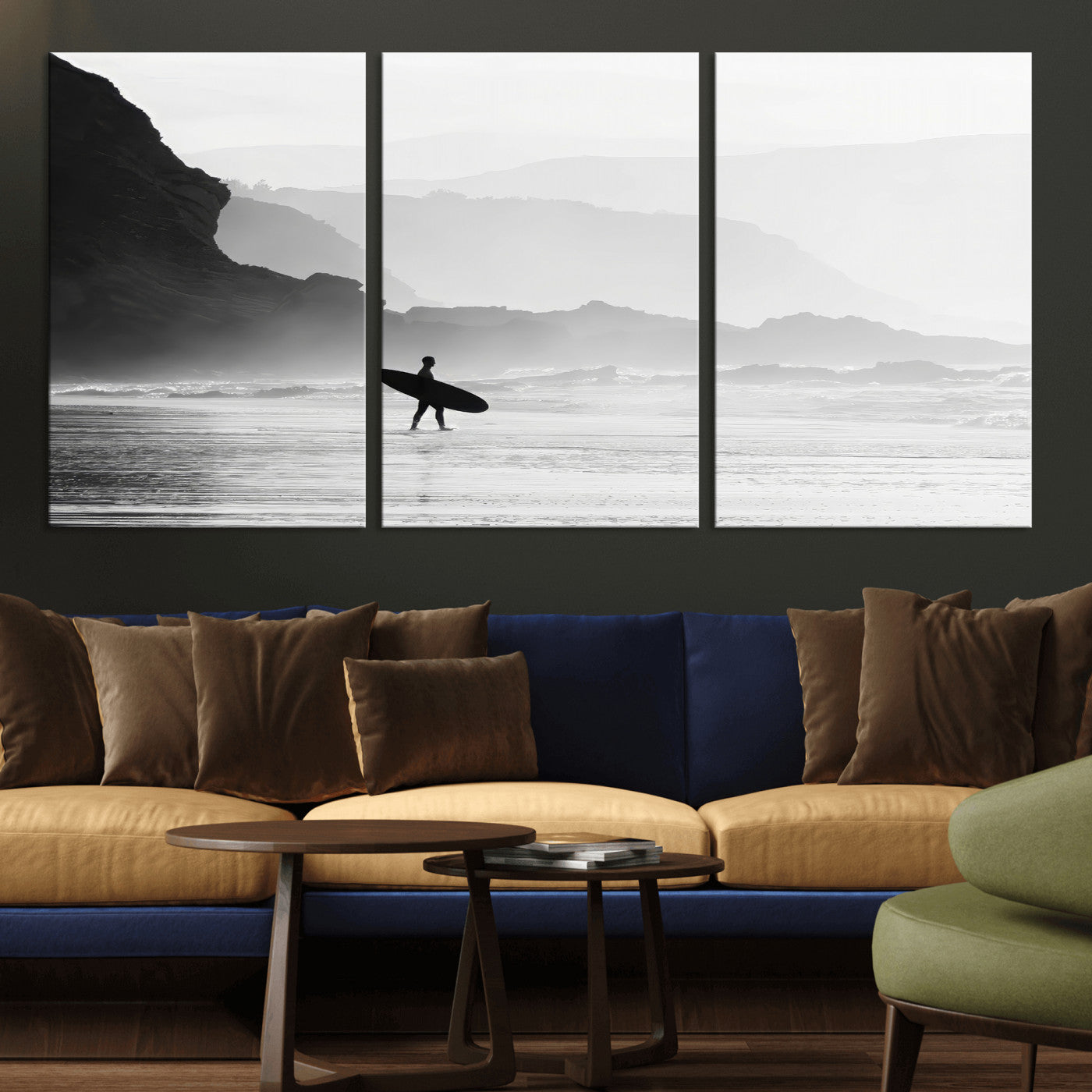 A lone surfer walking along a misty beach with cliffs in the background, carrying their board, capturing a serene and minimal ocean moment.