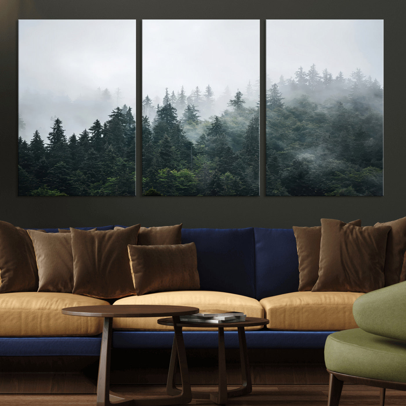 A misty evergreen forest shrouded in soft fog, creating a tranquil and moody landscape with lush green trees fading into the distance.