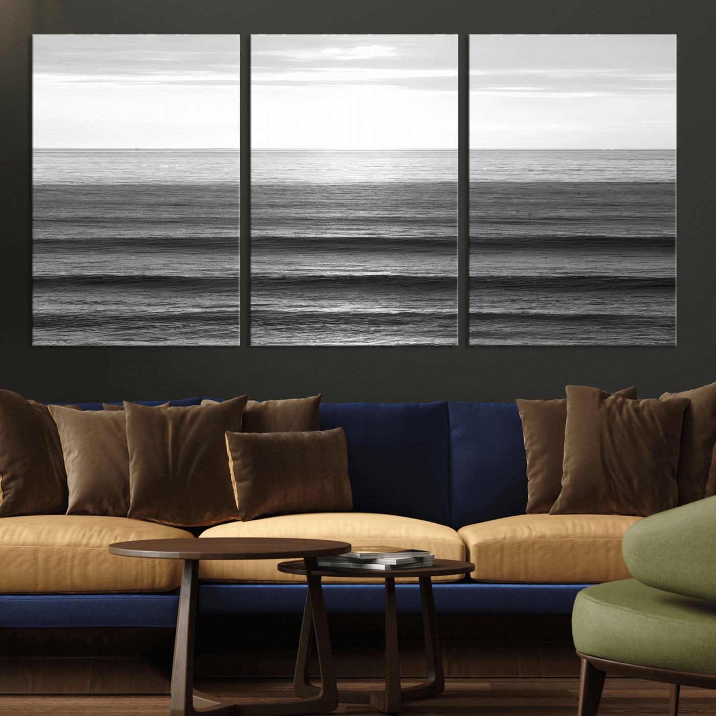 Minimalist black and white ocean view with layered waves reflecting sunlight, evoking a sense of calm and coastal serenity.