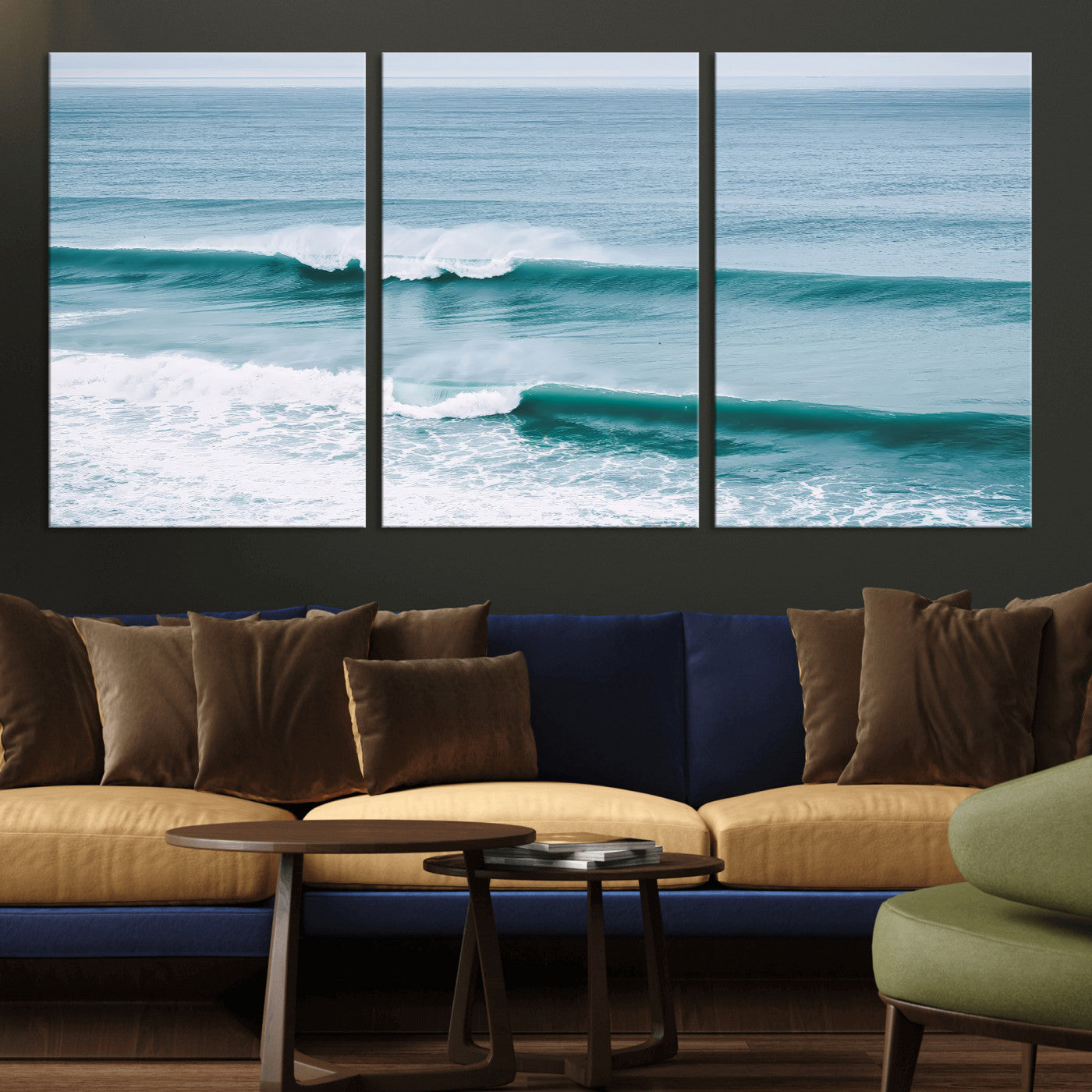 Powerful ocean waves rolling towards the shore, their turquoise hues blending with white sea foam under an open horizon, capturing the essence of the ocean's movement.