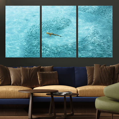Aerial view of a shark swimming through a swirl of fish in clear turquoise waters, perfect for calm coastal or beach house decor.