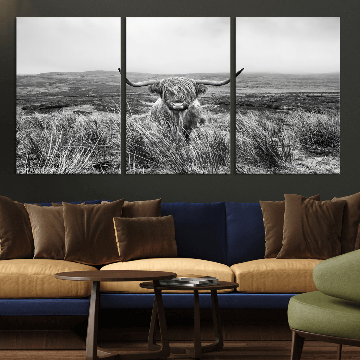 A black and white portrait of a Highland cow in a foggy Scottish countryside, capturing a rustic aesthetic and tranquil farm escape.