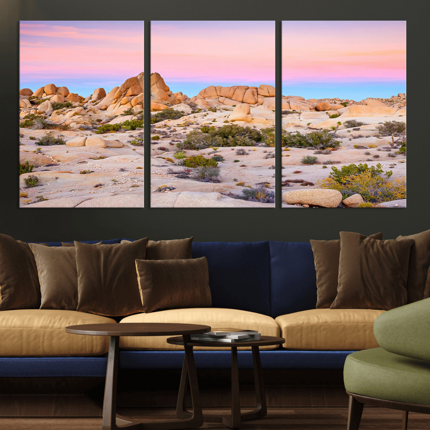A breathtaking desert landscape featuring rugged rock formations under a vibrant pastel sunset sky, capturing the warmth and serenity of a Southwestern wilderness.
