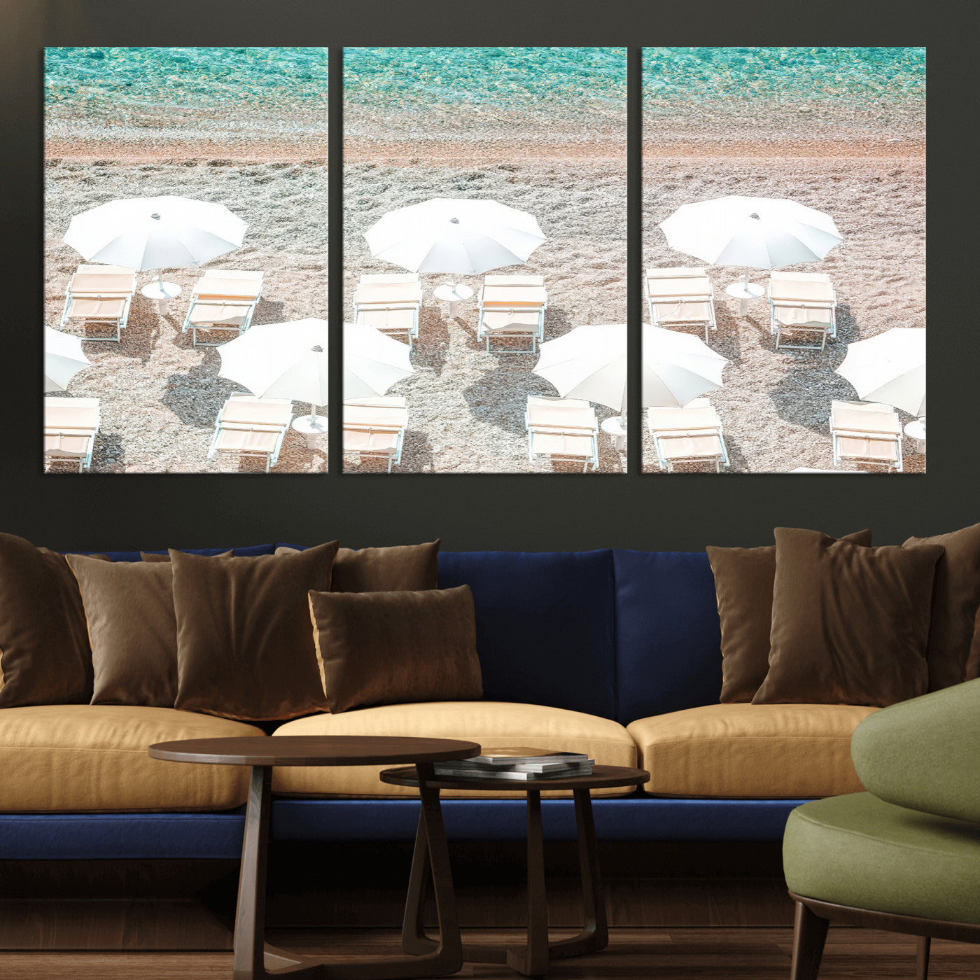 A bright beach scene with white umbrellas, pastel sand, and turquoise waters, creating a tranquil coastal vibe, perfect for beach house or summer decor.