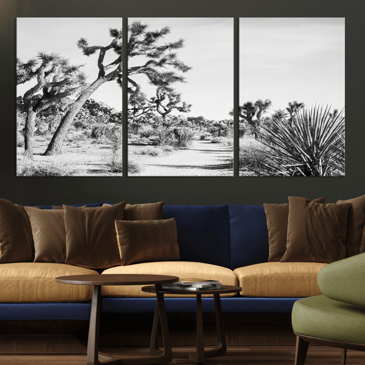 Canvas of a Joshua Tree forest in black and white tones, featuring a desert path and spiky vegetation, ideal for minimalist or rustic decor.