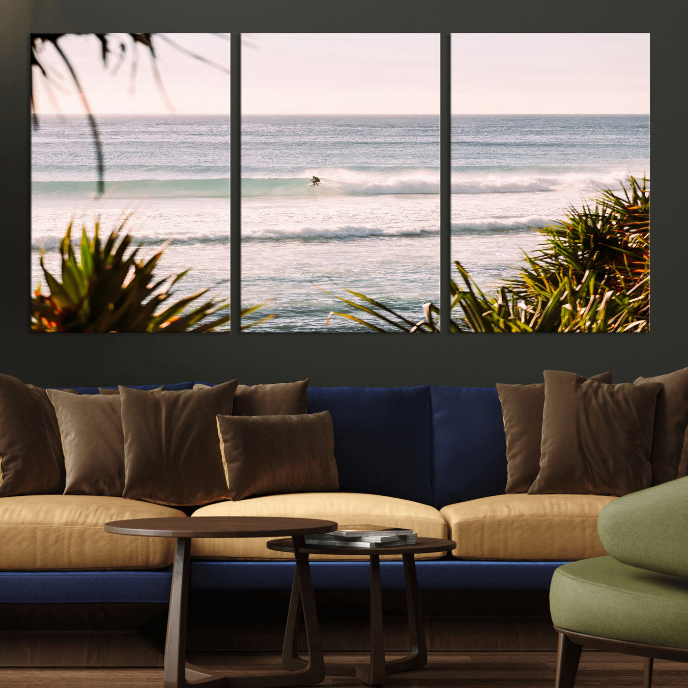 Canvas of a lone surfer riding a pastel wave at sunrise, perfect for tropical or coastal-themed spaces with a relaxed, airy vibe.