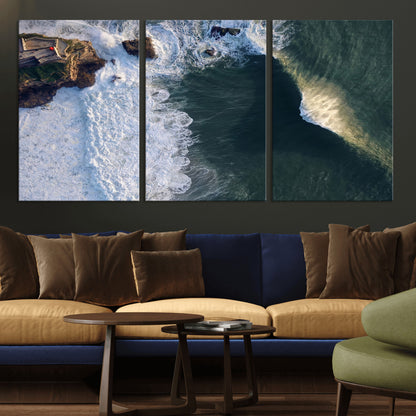 Canvas showing an aerial view of crashing waves along the Nazaré coastline, perfect for dramatic coastal or ocean-themed home decor.