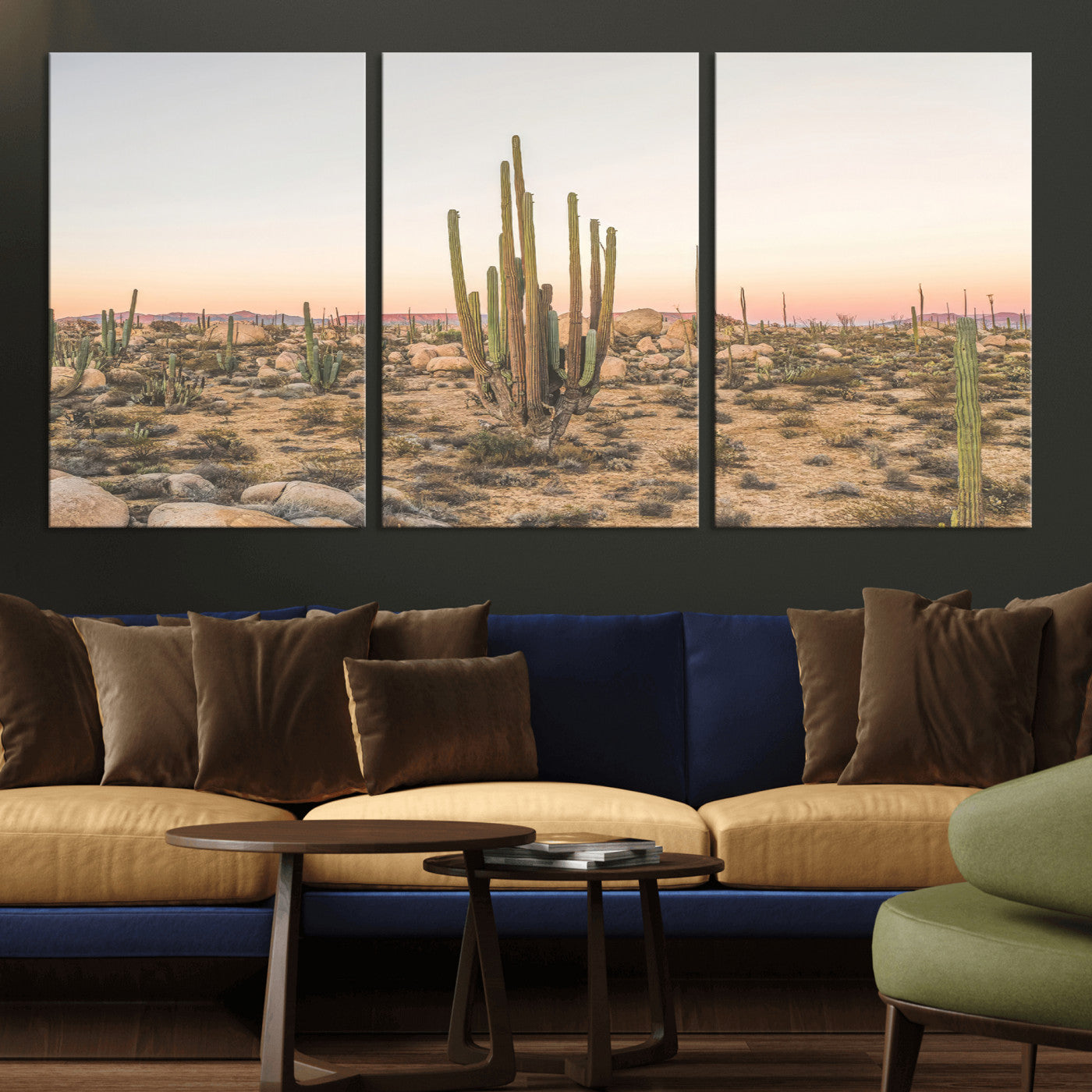 Canvas of tall desert cacti in warm sunset tones over a rocky Baja landscape, ideal for earthy or Southwestern-style home decor.