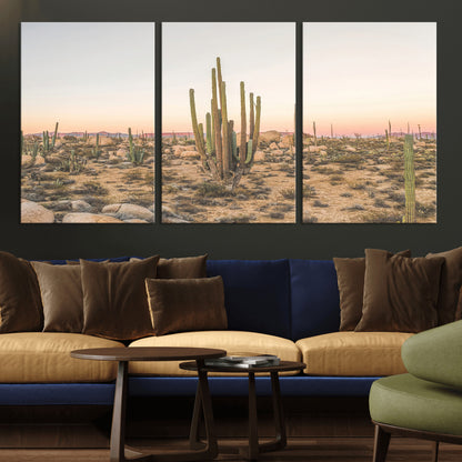 Canvas of tall desert cacti in warm sunset tones over a rocky Baja landscape, ideal for earthy or Southwestern-style home decor.
