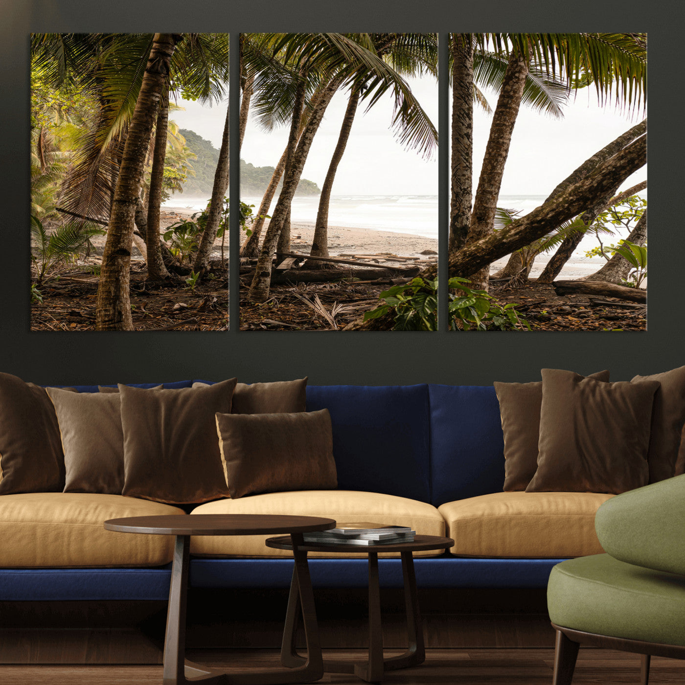 Dense tropical palm trees framing a sandy beach and ocean shore, ideal for jungle or coastal themed interior wall decor.