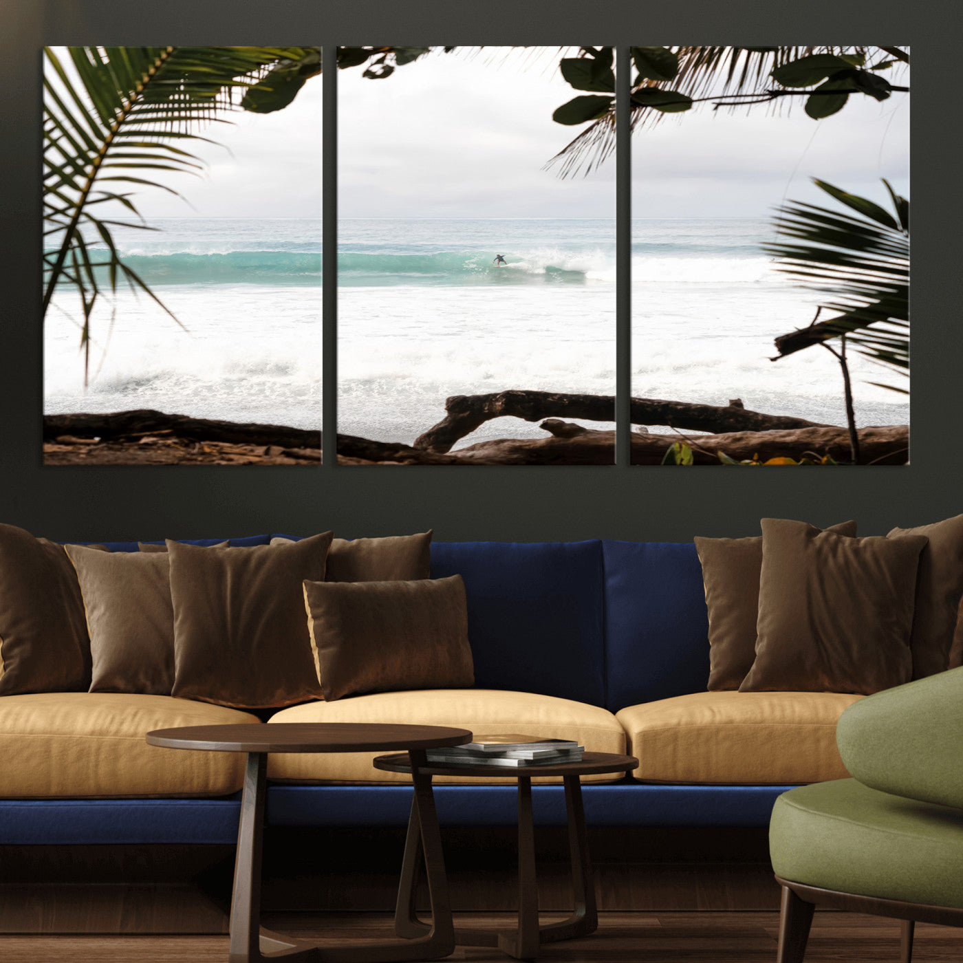 Tropical beach view with palm trees and surfer riding a wave, perfect for boho or coastal-inspired interior wall decor.