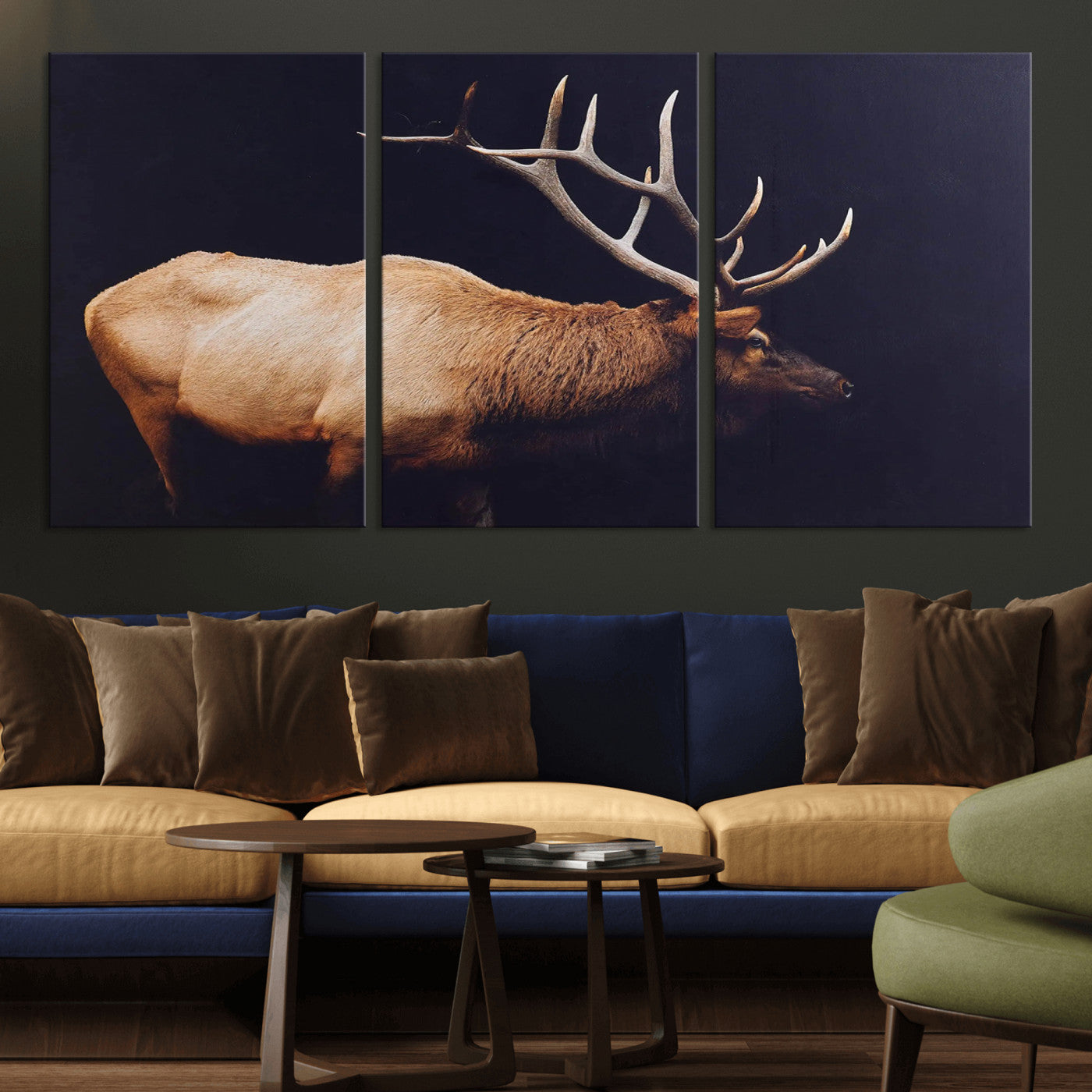 Side profile of an elk with large antlers on dark background, creating a bold rustic statement for cabin or Western-themed decor.