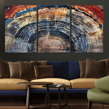 Vibrant tree ring with orange, brown, and blue tones in abstract detail, perfect for rustic or boho-inspired wall decor.