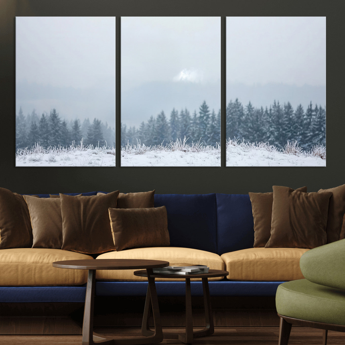 Snow-covered forest under misty sky, soft light breaking through clouds, ideal for minimalist or Nordic-inspired home decor.